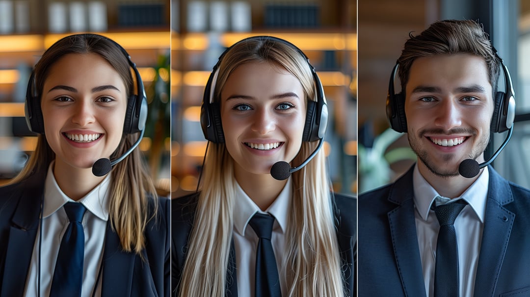 Three smiling customer service representatives wearing headsets, dressed in professional business attire, sitting in an office setting. They are ready to assist clients with their VoIP business phone service needs.