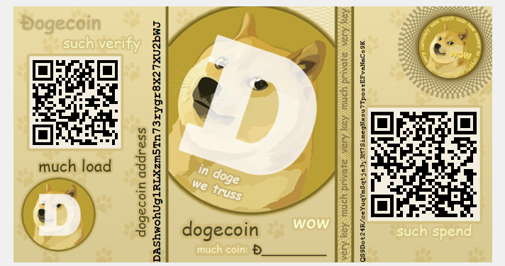 An image of a Dogecoin paper wallet that can be generated by the Dogecoin Core Portable app. 