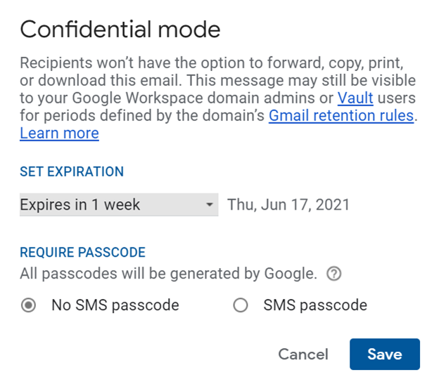 The menu that pops up when confidential mode is turned on.