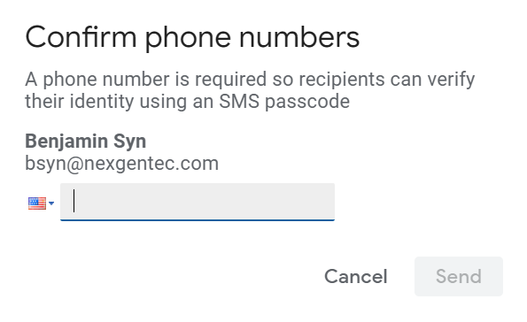 If SMS is selected, Gmail will prompt for a phone number to send the passcode to. 